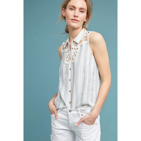 NWT Anthropologie Maeve Edinboro Sleeveless Linen Button Down Striped Lace Top - Picture 1 of 11